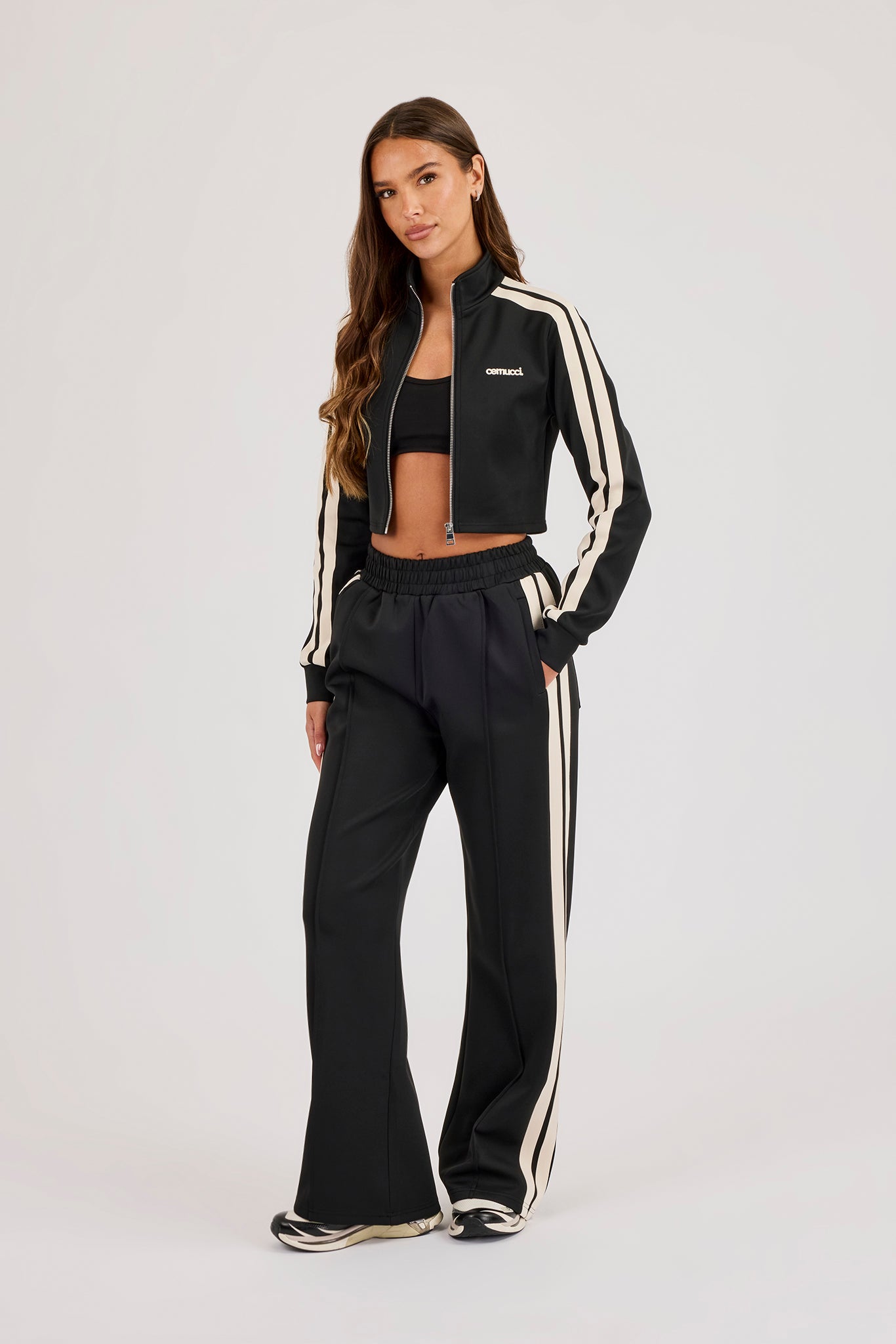 Fitted Taping Track Top & Wide Leg Track Pant - Black